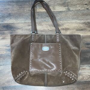 MICHAEL KORS "ASTOR" STUD BROWN LEATHER SUEDE LARGE SHOULDER TOTE MSRP $398
